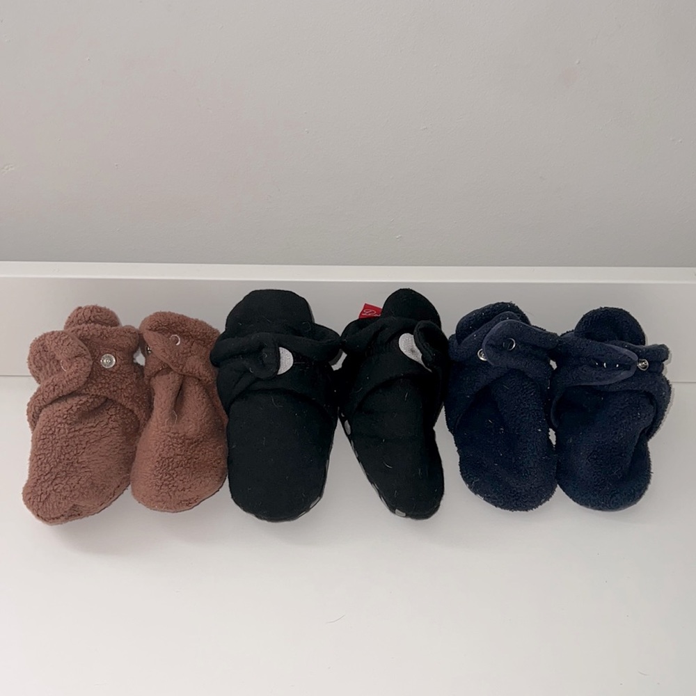 3 pairs of winter booties 12-18 month size brown, black, navy